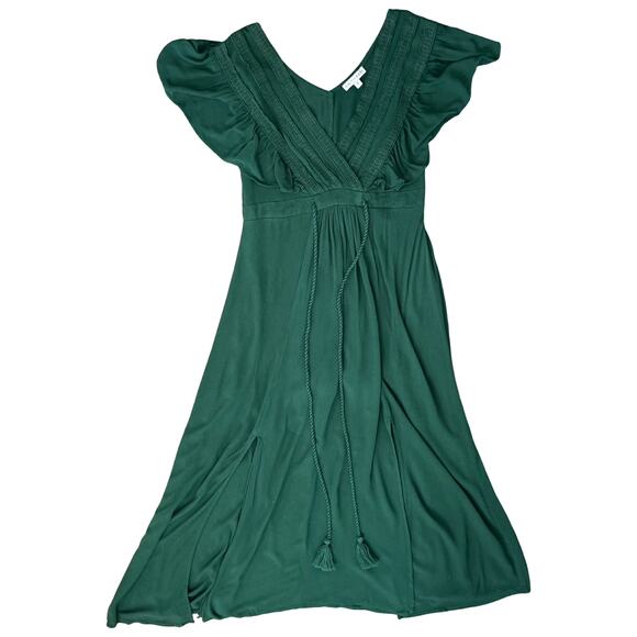 Baltic Born Jennifer Hunter Green Flutter Tassel Tie Double Slit Midi Dress sz S - Picture 10 of 13